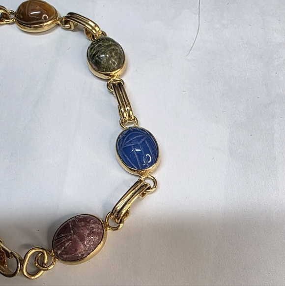 Scarab Bracelet | Gold Tone | Carved Stone Links | 7 Inch Statement - Picture 3 of 6